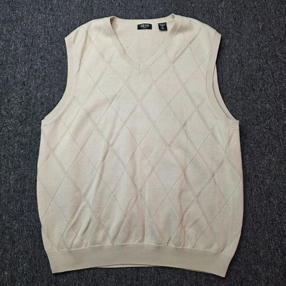 Izod Golf V‑Neck Sweater Vest Men’s L 100% Cotton Khaki Diamond Knit